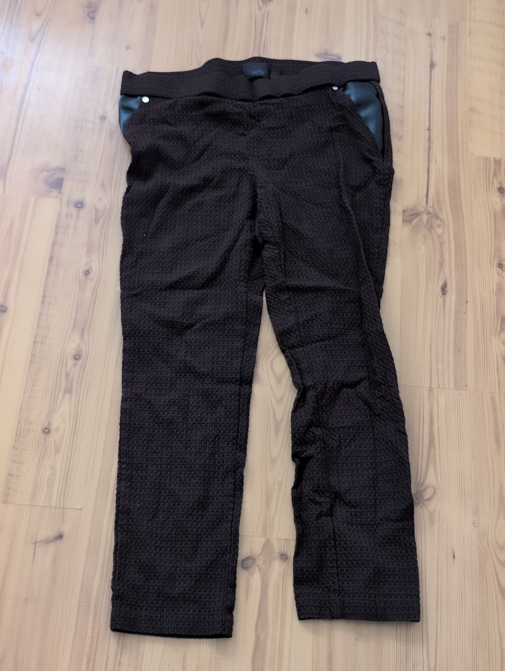 Rafaella Rich Brown Textured Slim Pants with Faux Leather Trim